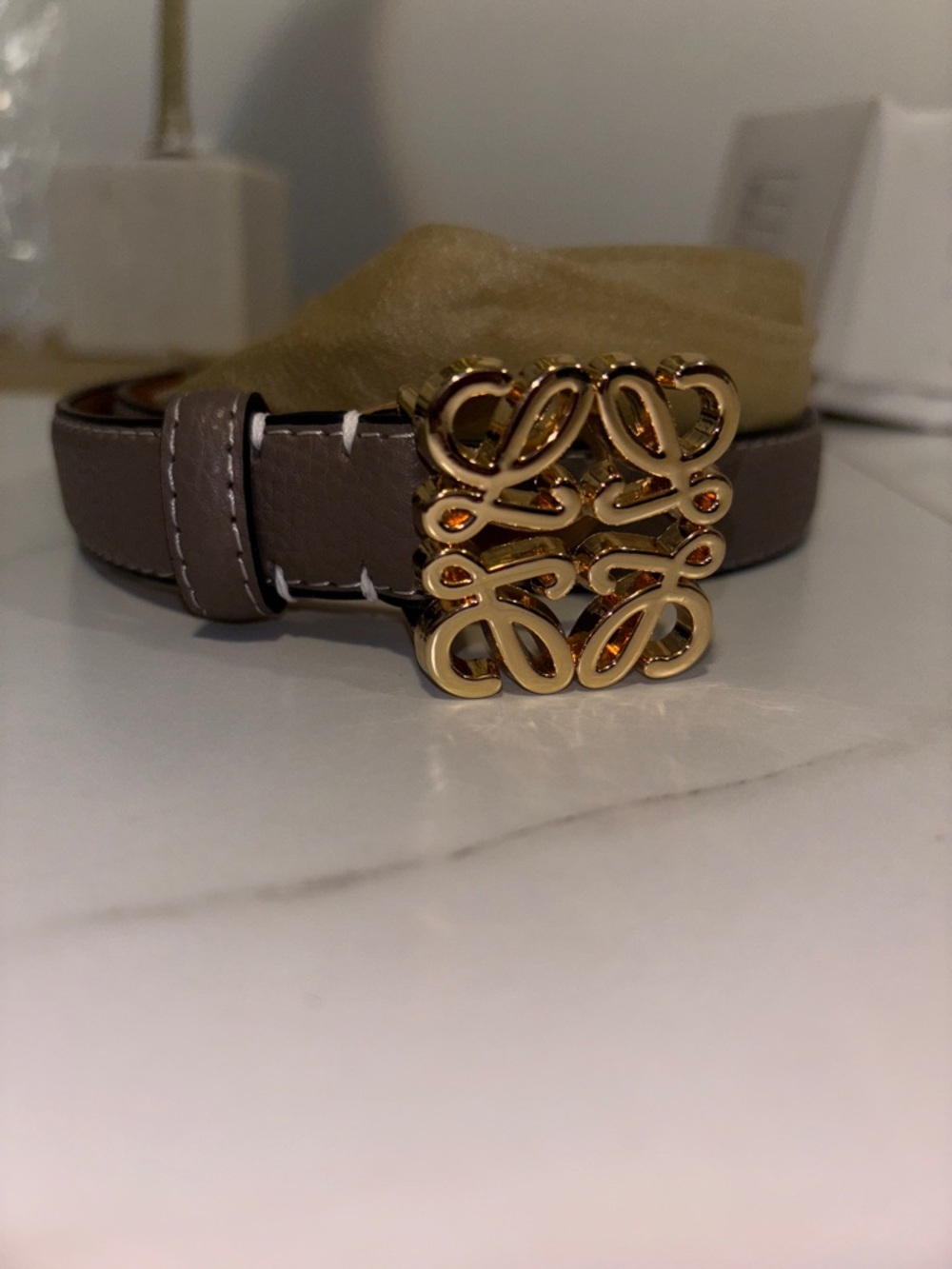 Designer-Inspired Taupe Leather Belt with Gold Buckle
